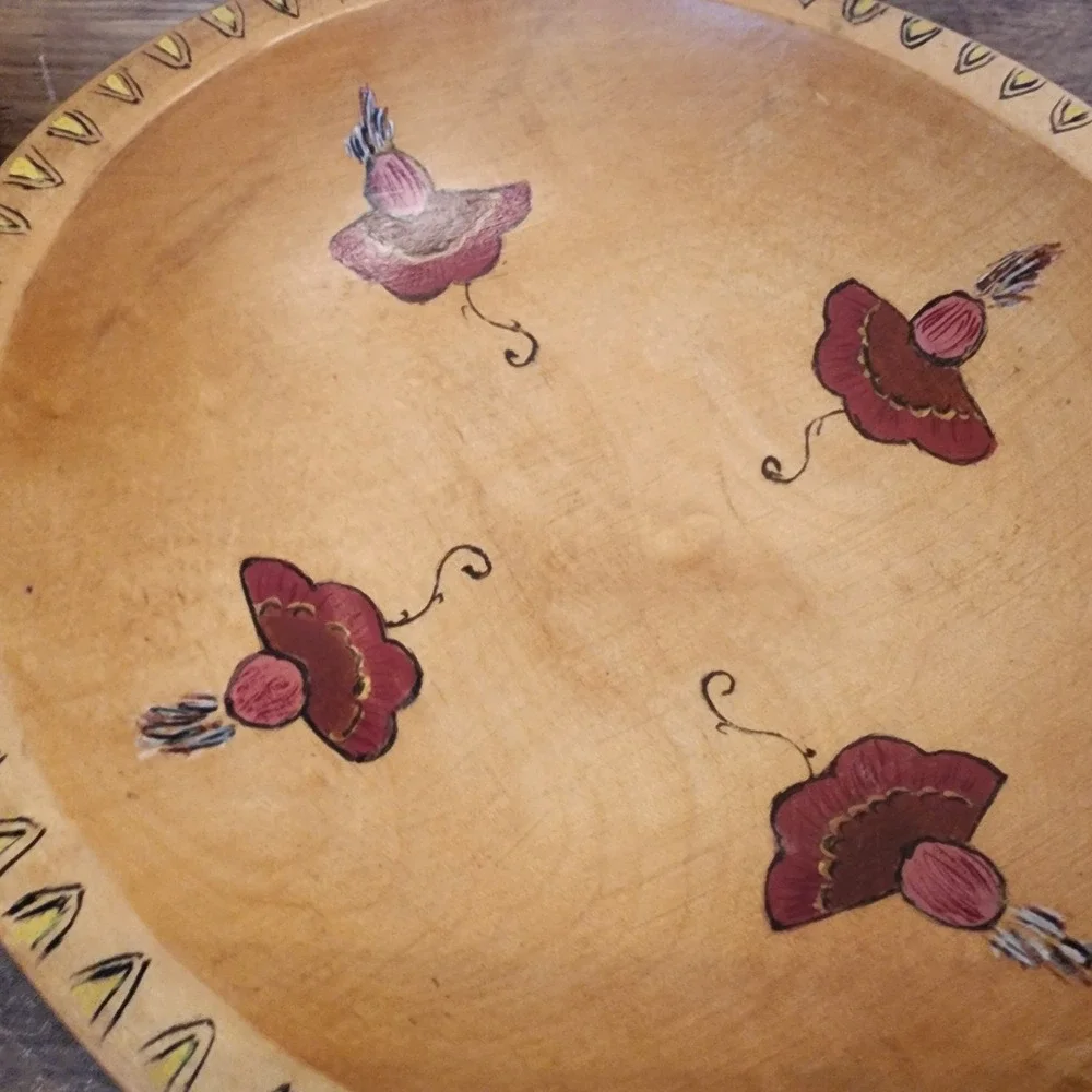 Wooden Serving‎ Bowl w/Spoon Hand Painted Made in Sweden Vintage 1954 7